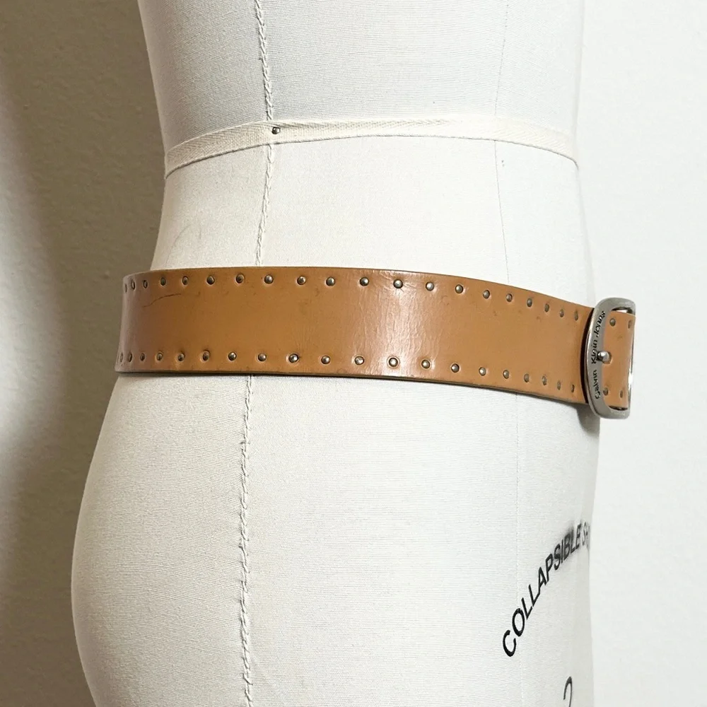 Vintage Calvin Klein Jeans Genuine Leather Tan Studded Wide Buckle Unisex Size M